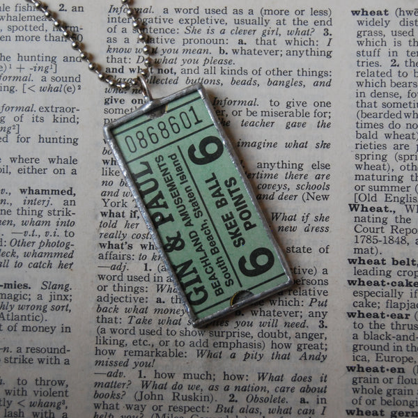 Vintage carnival tickets, Skee Ball, Yellow Brick Road, upcycled to soldered glass pendant