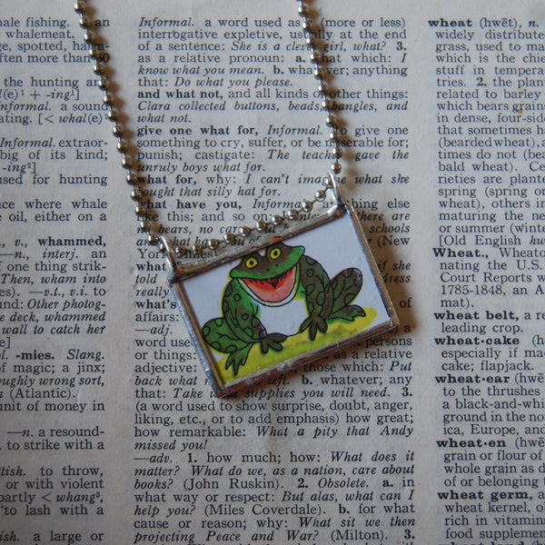 Frog, Crocus flower, original illustration from vintage Richard Scarry book, up-cycled to soldered glass pendant