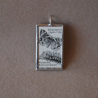 Butterfly, caterpillar, vintage dictionary illustrations, up-cycled to soldered glass pendant