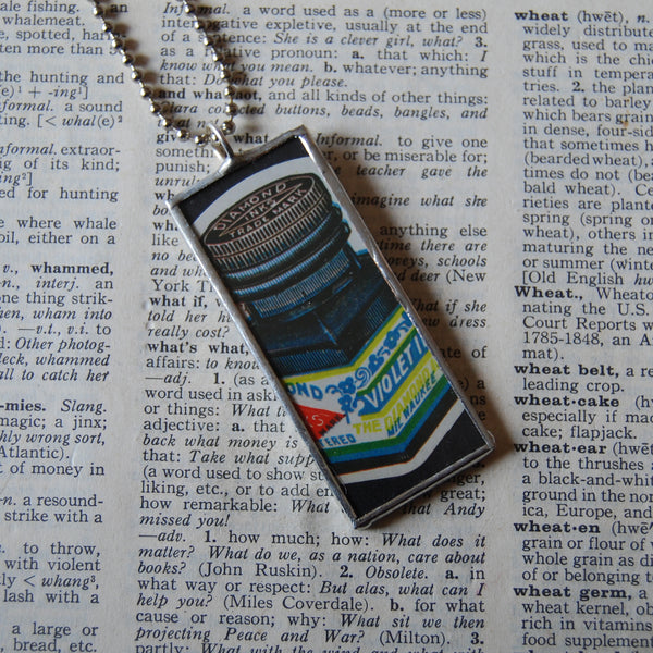 Vintage ink well label illustrations, upcycled to soldered glass penda –  Object: Found