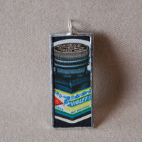 Vintage ink well label illustrations, upcycled to soldered glass pendant
