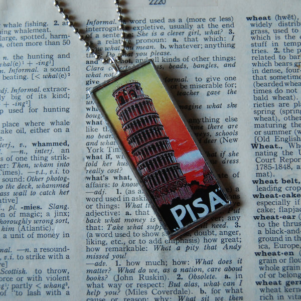 Pisa, Italy vintage travel poster images, upcycled hand soldered glass pendant