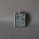 1 Onion Gum, Smoke Bombs, practical joke, vintage comic book advertising, upcycled to soldered glass pendant