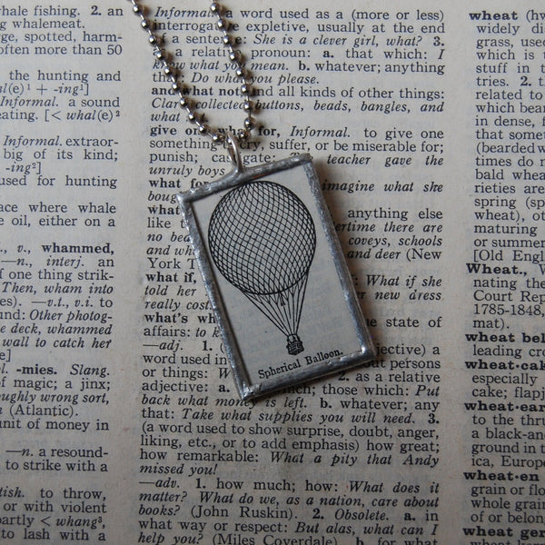 Hot Air Balloon, vintage 1940s dictionary illustration, up-cycled to soldered glass pendant