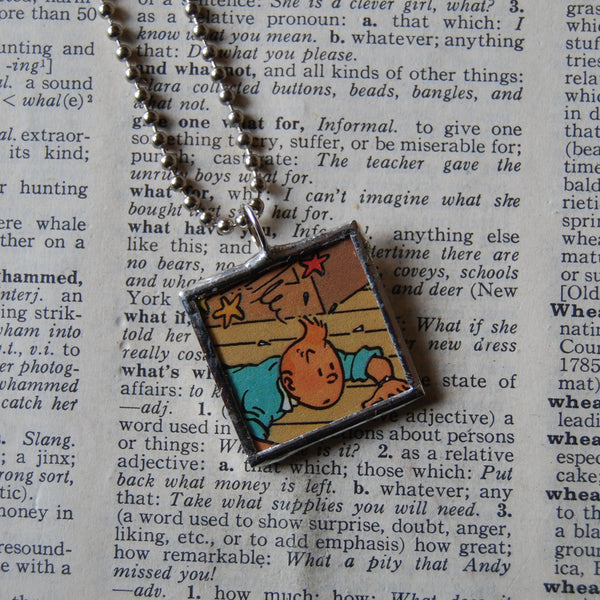 Tintin and Snowy, original vintage 1960s book illustrations, upcycled to soldered glass pendant