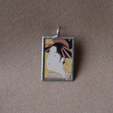 Japanese woodblock print, Geisha and Mt. Fuji, up-cycled to soldered glass pendant