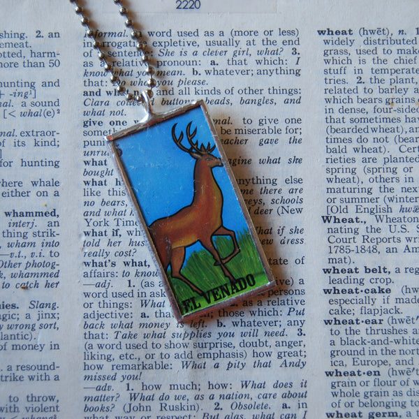 1 Stag, Deer, El Venado, Pine Tree, El Pino, Mexican loteria cards up-cycled to soldered glass pendant