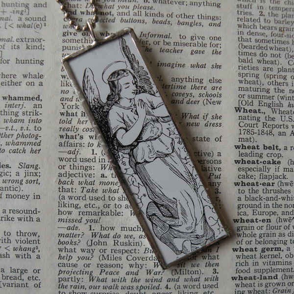 Angel illustration, art nouveau, upcycled to soldered glass pendant