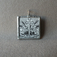 Angel and Christian cross, vintage religious iconography, upcycled to soldered glass pendant
