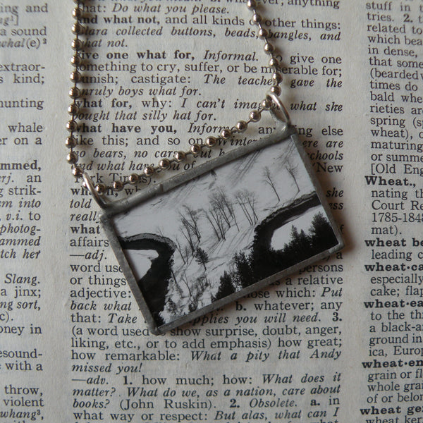 Ansel Adams photos, snowy scenes, upcycled to hand-soldered glass pendant