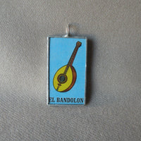 El Bandolon, mandolin, El Musico, musician, Mexican loteria cards up-cycled to soldered glass pendant
