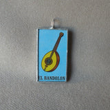 El Bandolon, mandolin, El Musico, musician, Mexican loteria cards up-cycled to soldered glass pendant