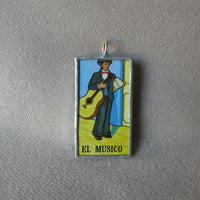 El Bandolon, mandolin, El Musico, musician, Mexican loteria cards up-cycled to soldered glass pendant 2