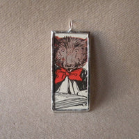 Teddy Bear in a red bow, vintage children's book illustrations, up-cycled to soldered glass pendant