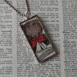 Teddy Bear in a red bow, vintage children's book illustrations, up-cycled to soldered glass pendant