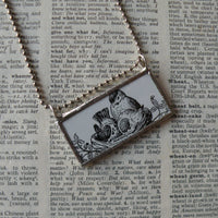 Mother bird and chicks, vintage illustrations upcycled to soldered glass pendant