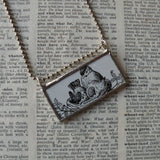 Mother bird and chicks, vintage illustrations upcycled to soldered glass pendant