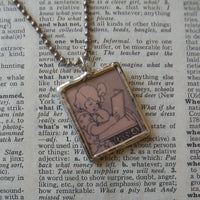 Girl reading a book, vintage children's book illustrations up-cycled to soldered glass pendant