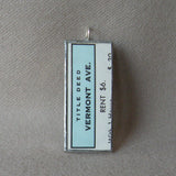 Vermont Avenue, Short Line Railroad, vintage monopoly mortgage cards, upcycled to soldered hand-soldered glass pendant 