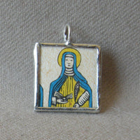 Virgin Mary, cross, vintage religious Medieval illustration upcycled to soldered glass pendant