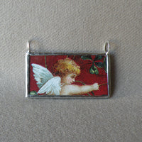 Cupid, angel with shamrocks, vintage illustration, upcycled to soldered glass pendant