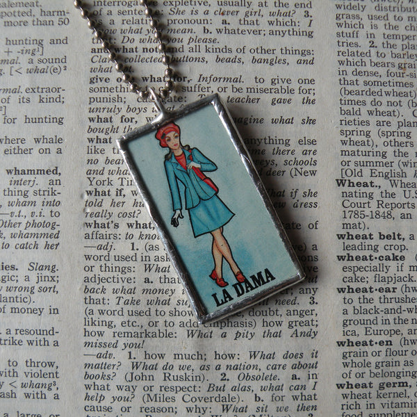 El Catrin, La Dama (dandy and lady), Mexican loteria cards up-cycled to soldered glass pendant