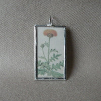 Dandelion, Japanese iris blossom, vintage botanical illustration, hand-soldered glass pendant