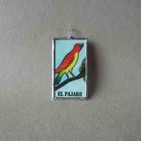 El Cotorro, El Pajaro, Parrot, Sparrow, Mexican Loteria cards up-cycled to soldered glass pendant, with necklace, bookmark, keychain, pin 3
