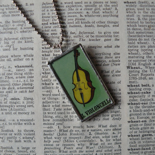 El Violoncello, violin, El Arpa harp, Mexican Loteria cards, upcycled to hand-soldered glass pendant, with necklace, bookmark, keychain, pin