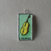 El Violoncello, violin, El Arpa harp, Mexican Loteria cards, upcycled to hand-soldered glass pendant, with necklace, bookmark, keychain, pin