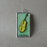 El Violoncello, violin, El Arpa harp, Mexican Loteria cards, upcycled to hand-soldered glass pendant, with necklace, bookmark, keychain, pin 2