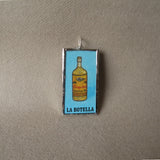 El Borracho, tequila bottle, Mexican Loteria cards up-cycled to soldered glass pendant
