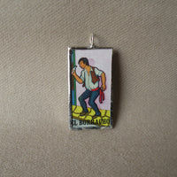 El Borracho, tequila bottle, Mexican Loteria cards up-cycled to soldered glass pendant