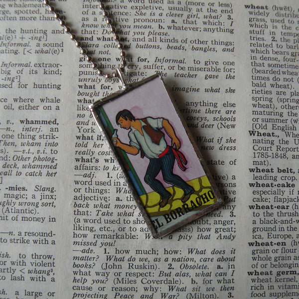 El Borracho, tequila bottle, Mexican Loteria cards up-cycled to soldered glass pendant 2
