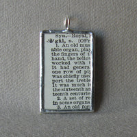 Medieval organ, vintage dictionary illustration up-cycled to soldered glass pendant