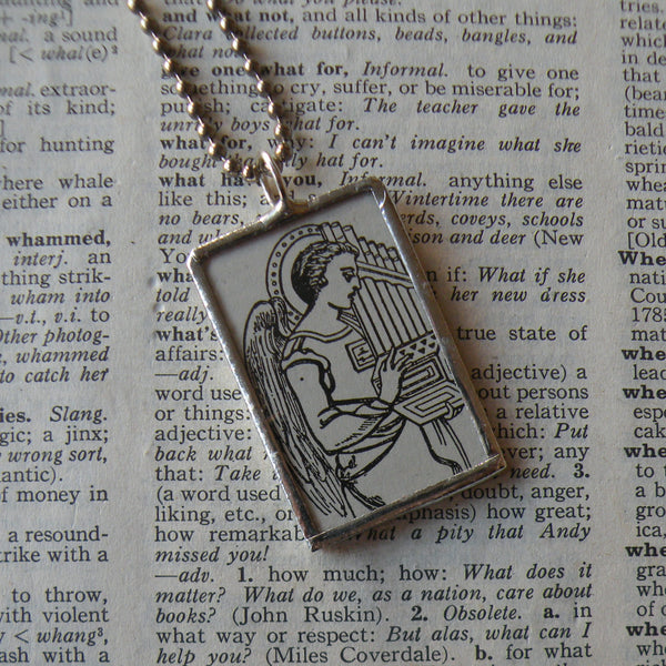 Medieval organ, vintage dictionary illustration up-cycled to soldered glass pendant