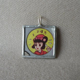 Man with fez hat, girl in pink hat, vintage Japanese children's book illustration up-cycled to soldered glass pendant
