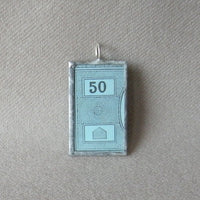 Vintage monopoly money - $50 bill, upcycled to soldered hand-soldered glass pendant 