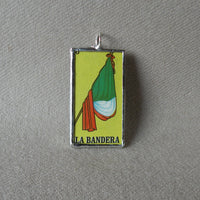 La Bandera, El Gallo (flag, rooster), Mexican Loteria cards up-cycled to soldered glass pendant