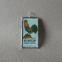 La Bandera, El Gallo (flag, rooster), Mexican Loteria cards up-cycled to soldered glass pendant 2