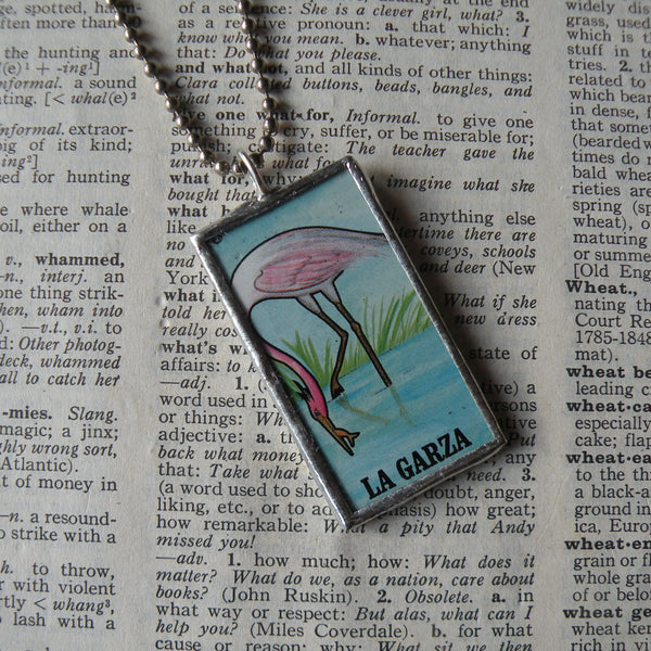 Pink flamingo, La Garza, La Palma, palm tree, Mexican Loteria cards up-cycled to soldered glass pendant 2