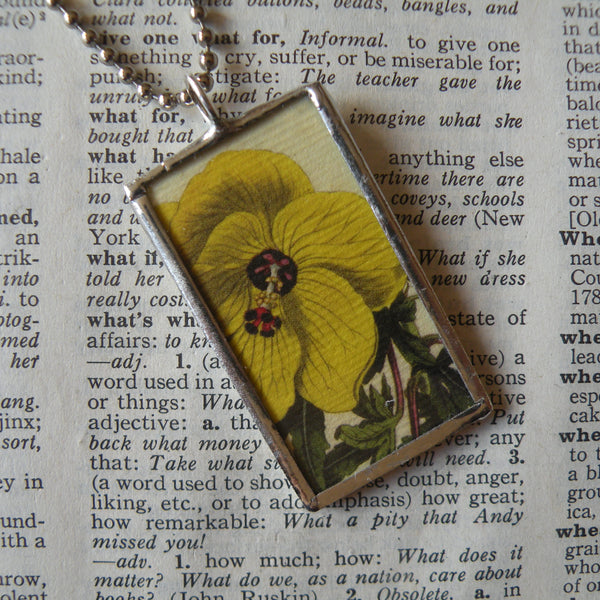 Yellow pansy, yellow rose, vintage botanical illustrations, hand-soldered glass pendant