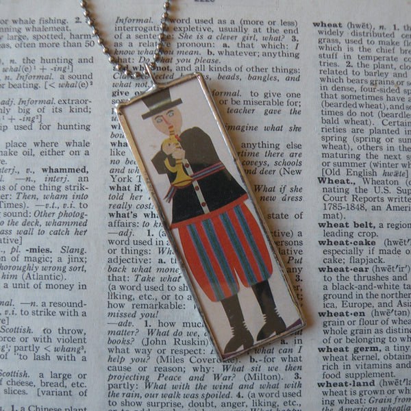 Trumpet player, musician, folk art painting, upcycled to soldered glass pendant, with choice of necklace, bookmark, keychain, bag charm