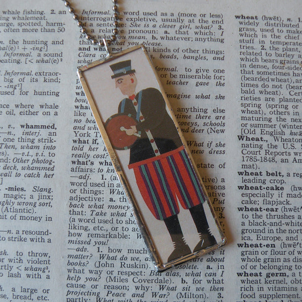 Drummer, musician, folk art painting, upcycled to soldered glass pendant