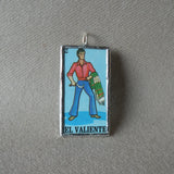 La Rana, frog, El Valiente, hero, Mexican loteria cards up-cycled to soldered glass pendant 1