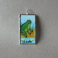 La Rana, frog, El Valiente, hero, Mexican loteria cards up-cycled to soldered glass pendant 1