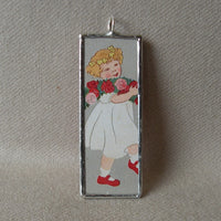 Girl with floral garland, vintage postcard llustration up-cycled to soldered glass pendant