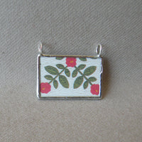 Antique quilt with floral and grape designs, American folk art image upcycled to 2-sided hand soldered glass pendant