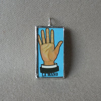 La Mano, hand, La Bota, boot, Mexican loteria cards up-cycled to soldered glass pendant 3