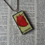 El Corazon, heart, Las Jaras, arrows, Mexican Loteria cards up-cycled to soldered glass pendant